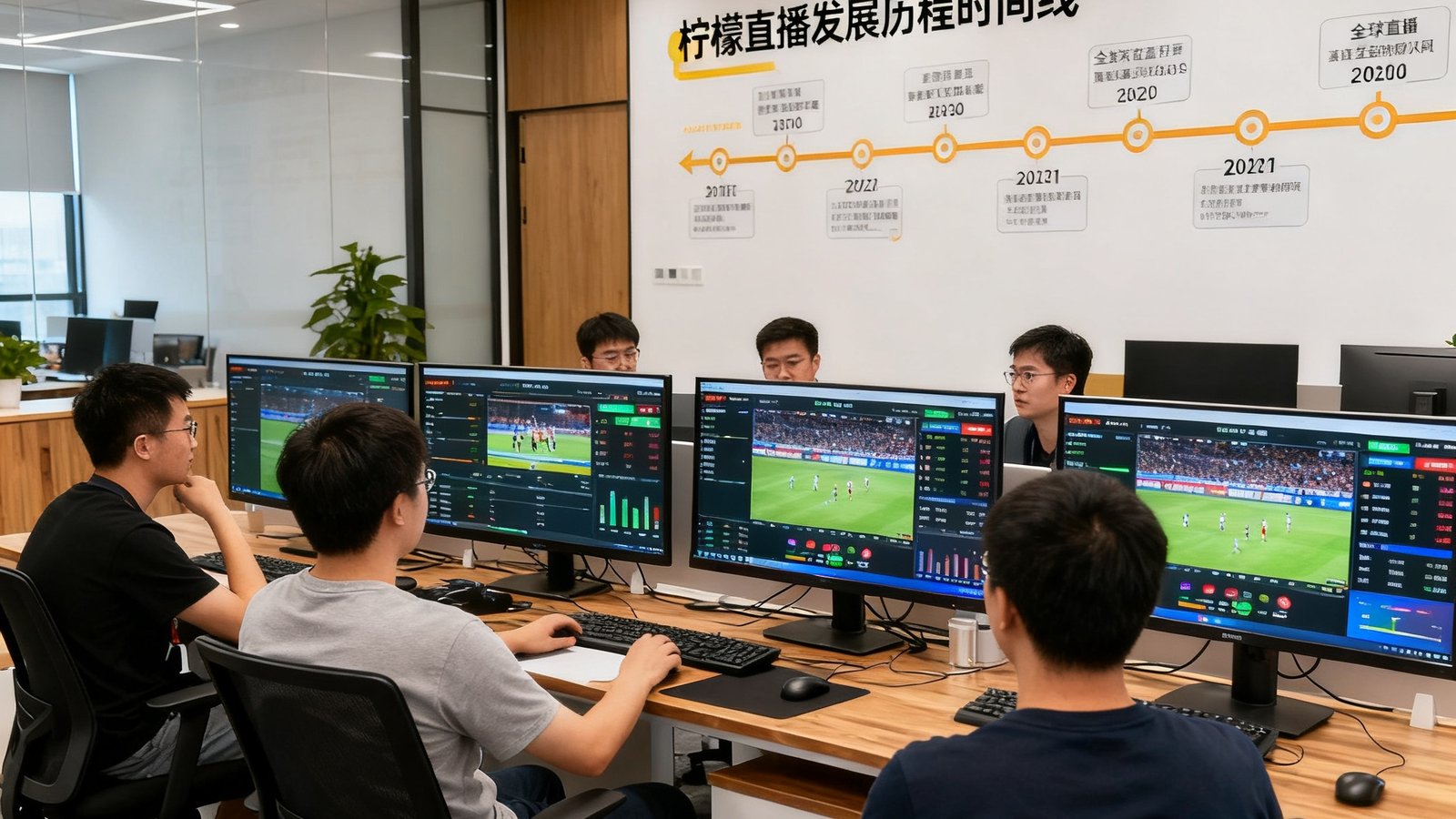 柠檬直播技术团队在开放式办公室协作场景，多块显示屏实时监控全球赛事直播流状态，墙上展示公司发展历程时间线